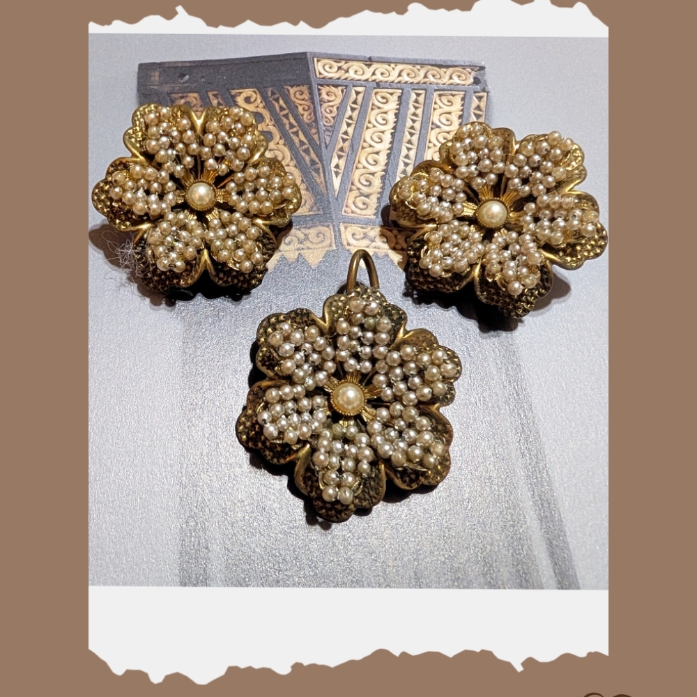 Vintage Miriam Haskell Demi Parure Floral Earrings and Pendant - Picture 2 of 7